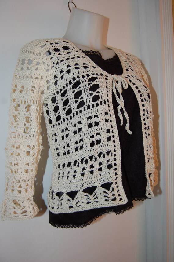 Crochet Cardigan Sweater In Ecru Cotton Multiple Motif With