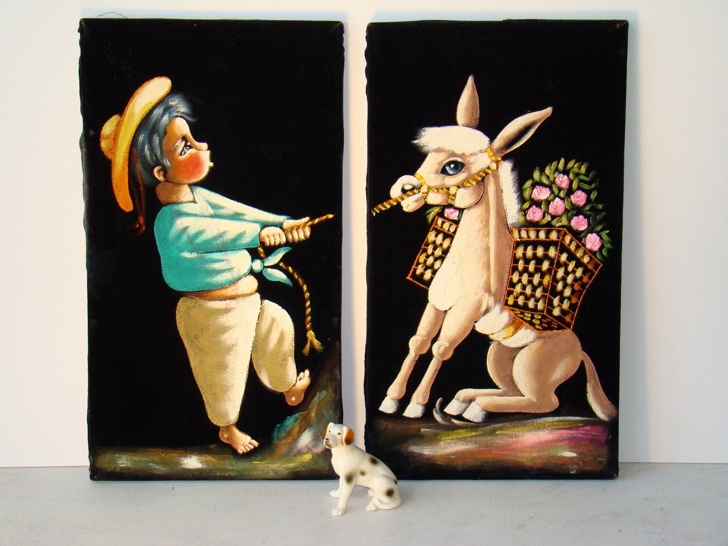 Vintage Mexico Black velvet paintings boy and a burro with