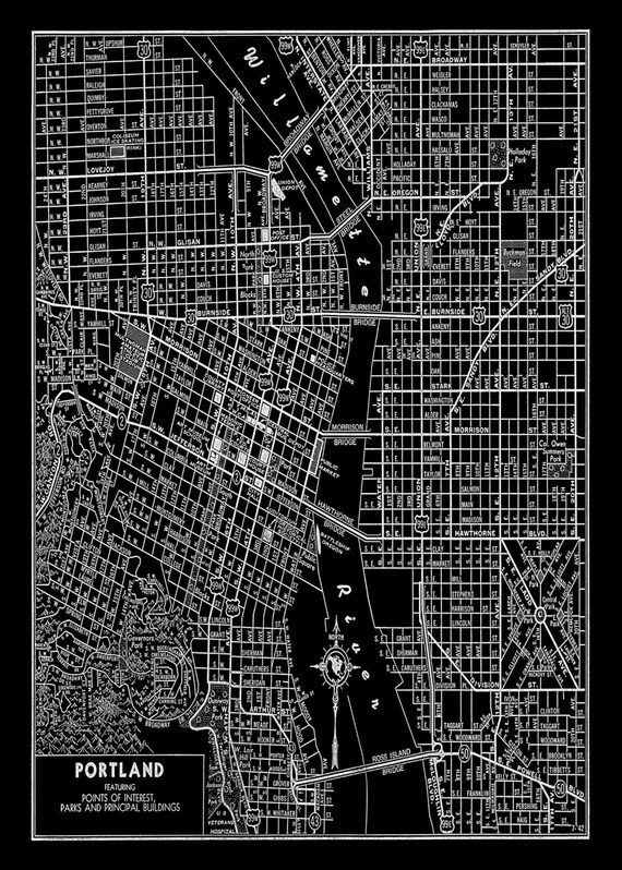 Portland Oregon Street Map Vintage Black Print Poster
