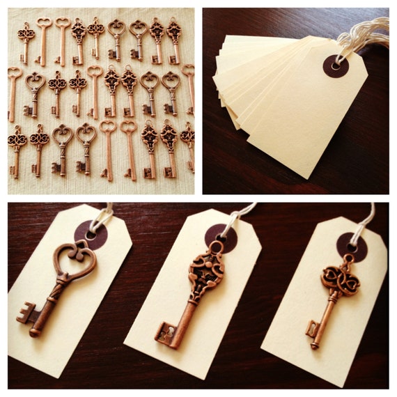 Keys of Wedlock - 100 Antique Copper Large Skeleton Keys & 100 Kraft Luggage Tags - Wedding Skeleton Keys, Escort Card Vintage Keys