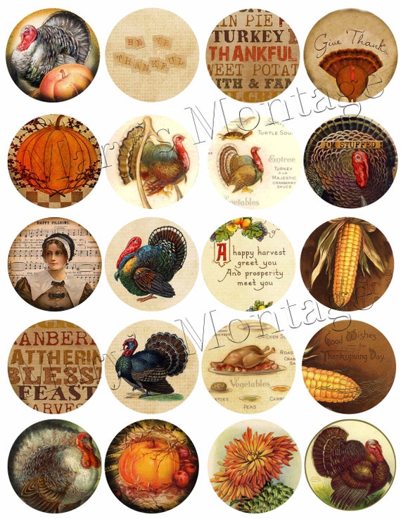 VIntage Thanksgiving Sheet of 20-  2 Inch circle graphics Download & Print