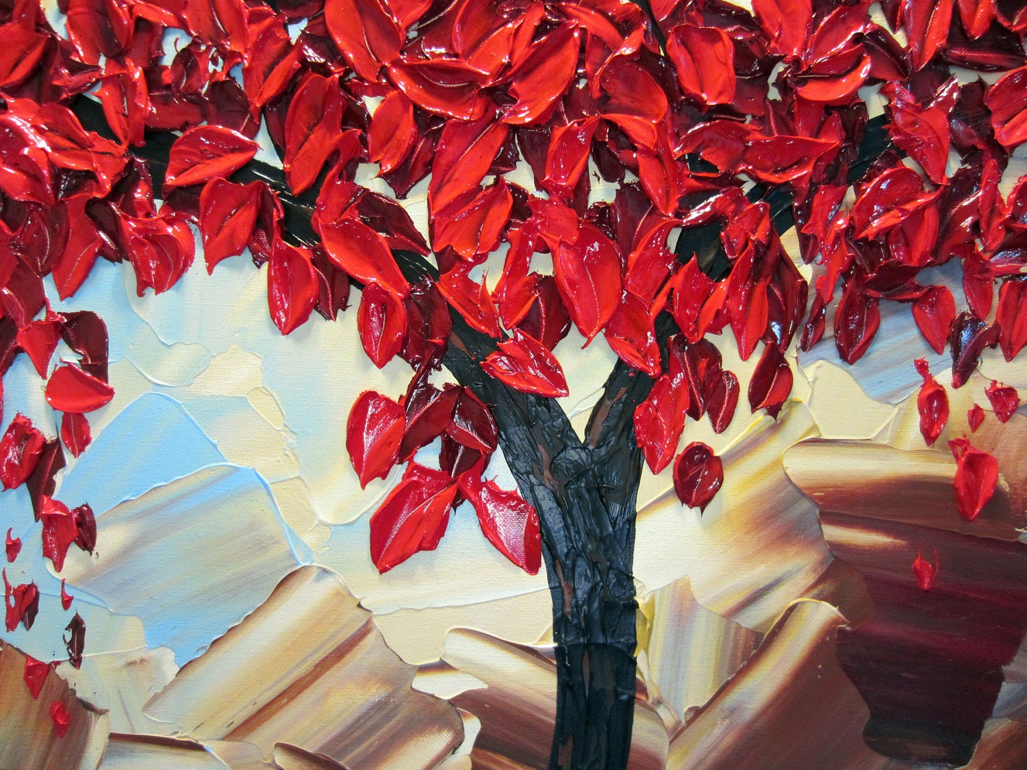 Original Art Abstract Painting Red Tree of Life Landscape