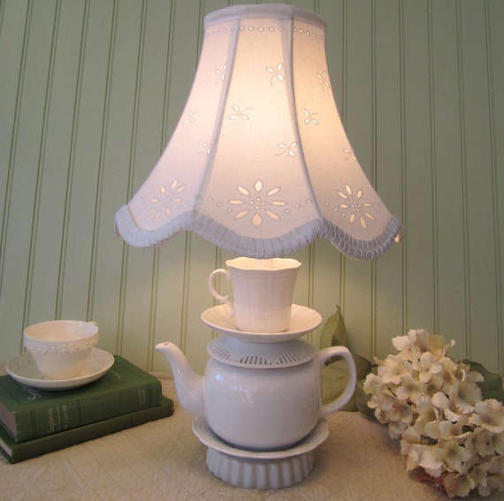 Teapot Lamp White Teapot Tea Cup and Saucer Alice by ThistleandJug