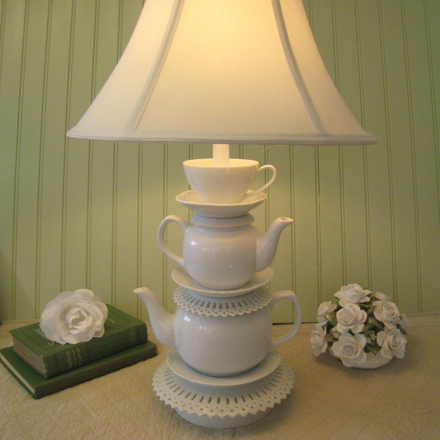 Teapot Lamp White Stacked Teapots Tea Cup and by ThistleandJug