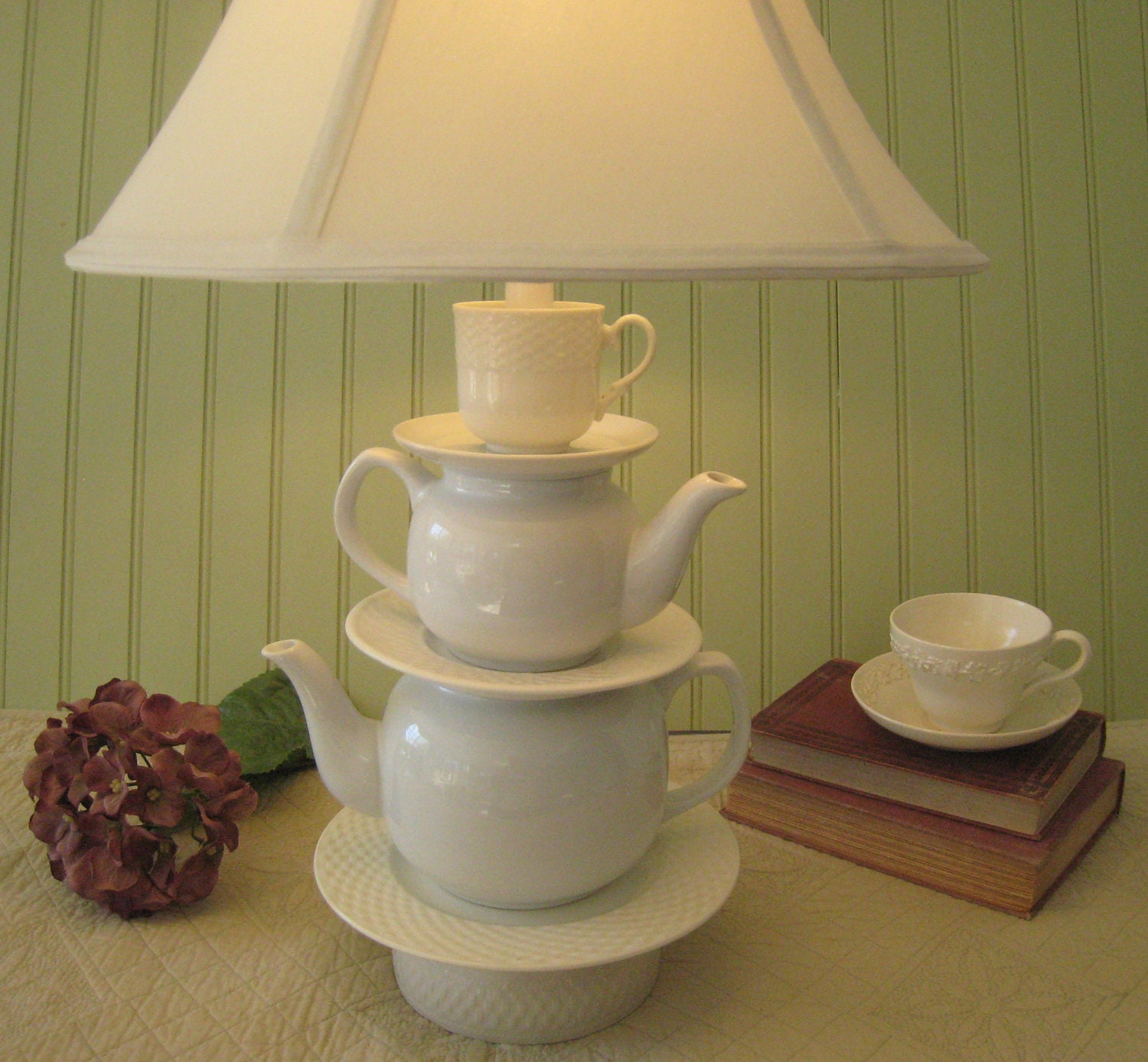 Teapot Lamp White Stacked Teapots Embossed Tea by ThistleandJug
