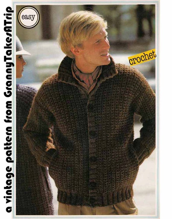 jacket etsy pattern crochet CROCHET Jacket/ Man's Chunky Boyfriend Vintage & 1970s KNIT PATTERN