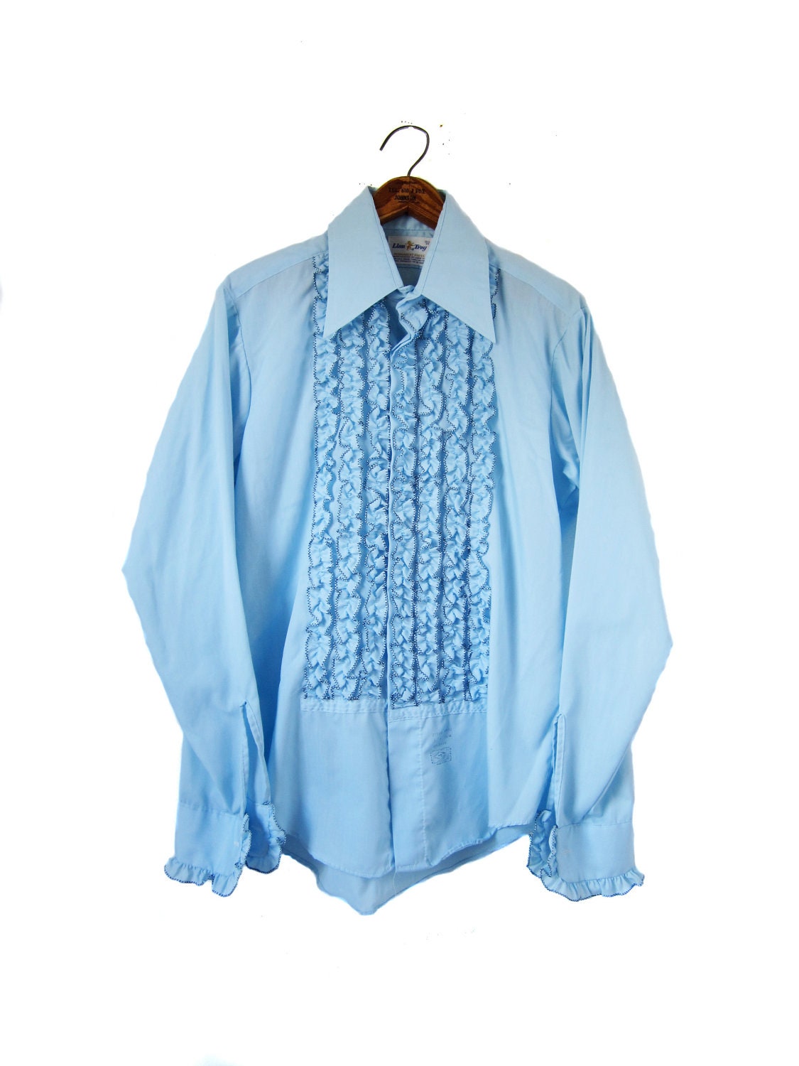 Vintage 1960s Ruffle Tuxedo Dress Shirt Powder Blue