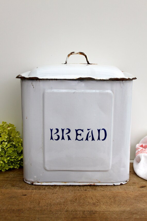 Enamel blue and white bread canister/box