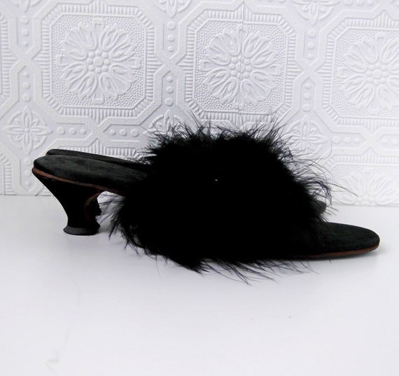 Black Feather Slippers Satin Marabou by CalicoBloomVintage on Etsy