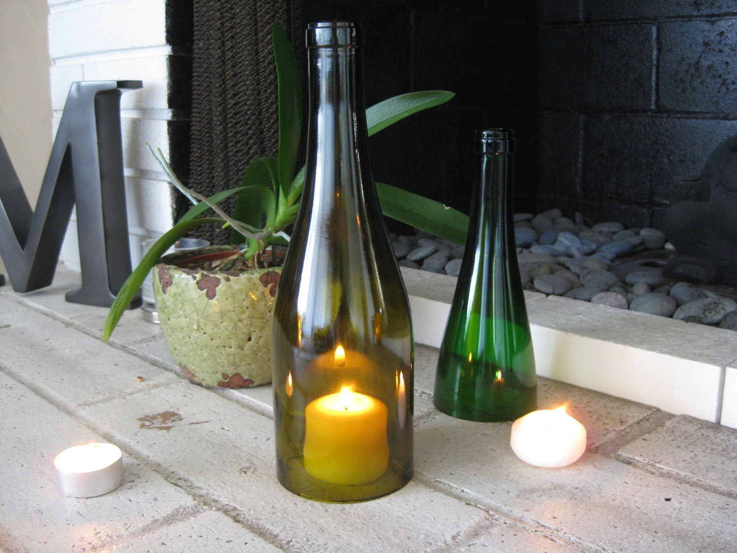 Olive Green Wine Bottle Hurricane/Candle Holder Plus Votive