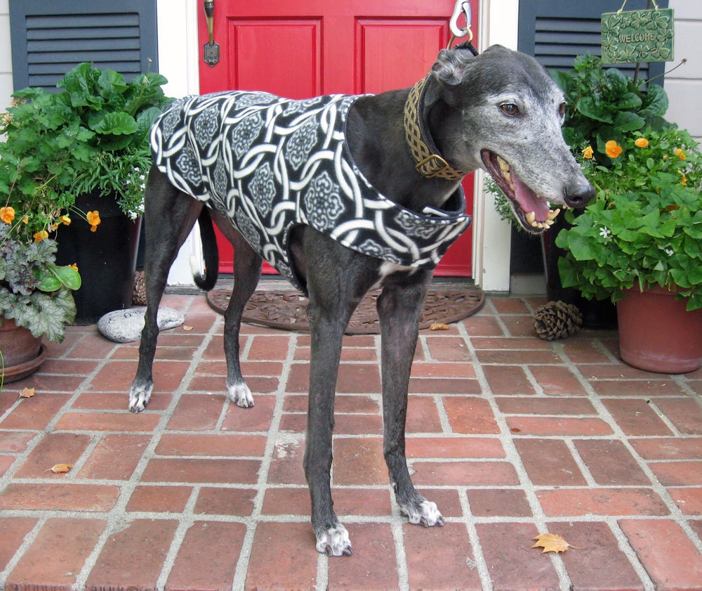 Greyhound Dog Coat Black & White Celtic Knot Print Fleece