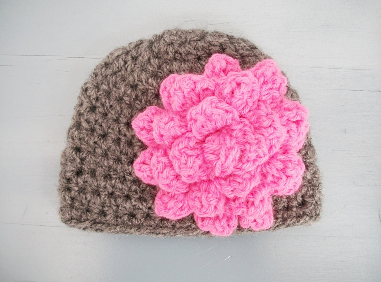 Crochet Baby Girl Hat Beanie With Pink Dahlia Flower by wadamska