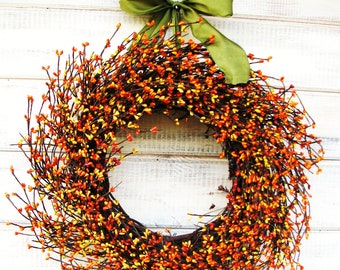 Fall Wreath-Fall Decor-Autumn Wreath-ORANGE & YELLOW Berry Wreath-Fall Door Decor-Thanksgiving Wreath-Holiday Decor-Choose Scent and Ribbon