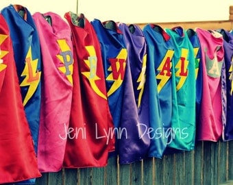 Personalized Super Hero Cape with Lightning Bolt and Child's Initial - Two colors