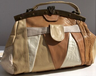 Beige Vintage Purse, Brown, Cream and Beige Handbag, Leather Shoulder Bag