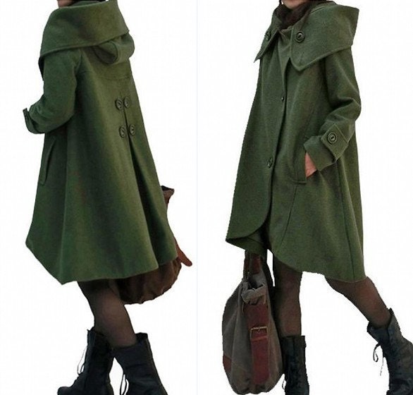 dark green cloak wool coat Hooded Cape women Winter wool coat