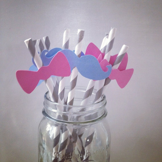 Gender Reveal Party Mustache and Bow Tie Straws Set of 10