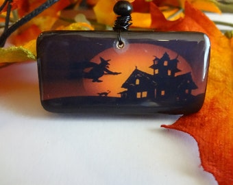 Witches Haunted House Domino Pendant Halloween Witch Black Cat Domino Jewelry T1231