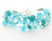 Wire Crochet Beaded Bracelet - Aqua, Teal, and Turquoise