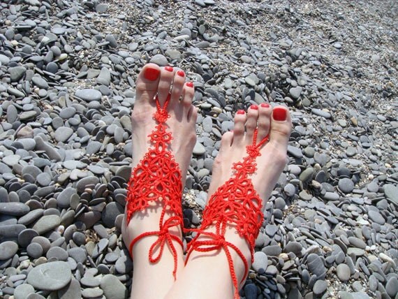 Barefoot sandals tatting red - tatting lace - for her - dance - wedding