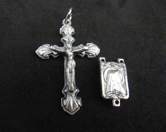 Italian Silver Rosary Crucifix and Our Lady of Lourdes Rosary Center - 1 set