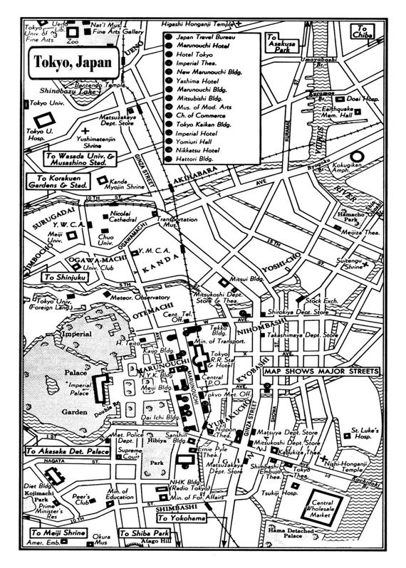 1949 Vintage Map of Downtown Tokyo Japan Print Poster