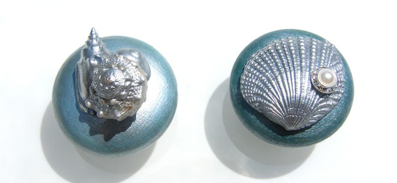 Cabinet or Dresser Knobs in Lagoon Blue Metallic and silver seashells and rhinestones.