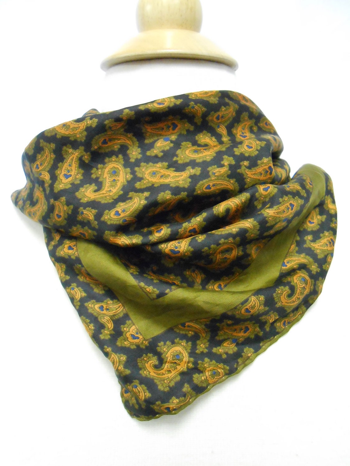 Olive Green & Navy Blue Paisley Print Silk Scarf / Small