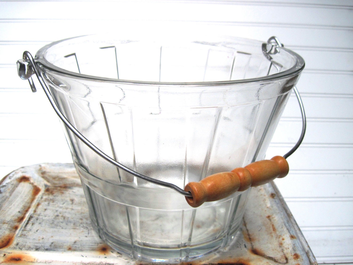 Glass ice bucket apple basket Anchor Hocking wine cooler