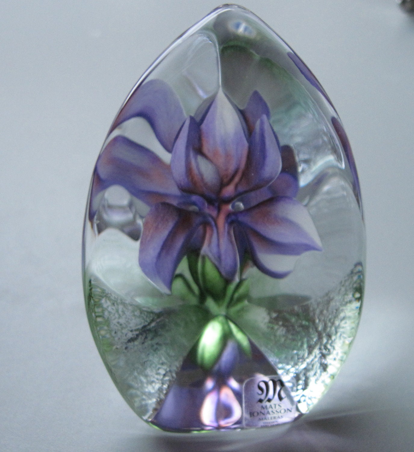 Purple Iris Etched Glass Paperweight by Mats Jonasson Maleras