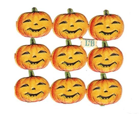 Circa 1905 Antique German Die-Cut Halloween Jack-O-Lanterns - Pumpkins - 9 Pieces - UNUSED