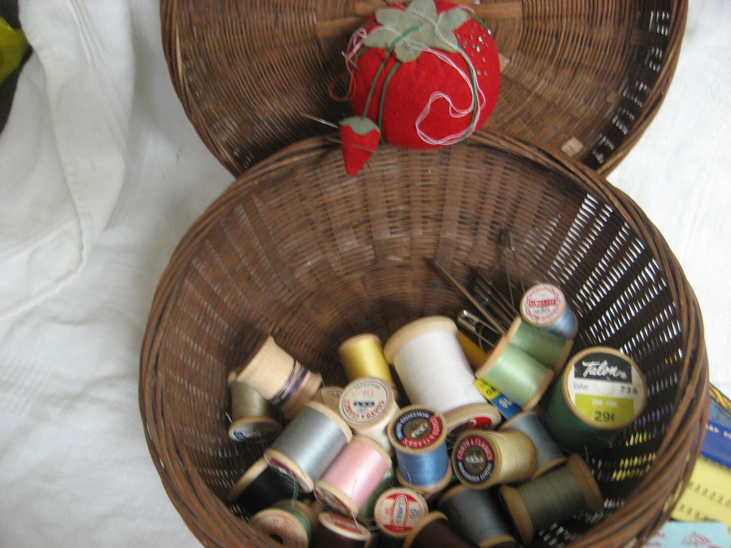 Vintage Wicker Sewing Basket with Lid and Contents by gngsvintage