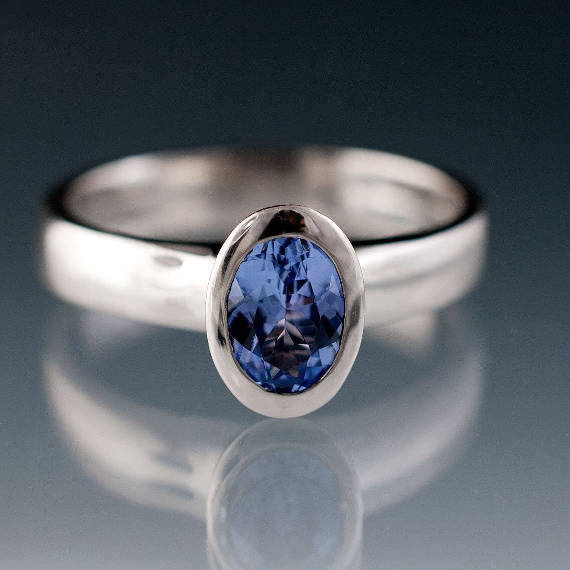 Oval Tanzanite Bezel Set Ring Uniue Solitaire Engagement Ring