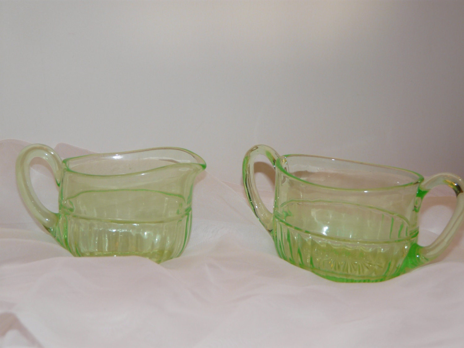 Creamer and Sugar Bowl Set Vaseline Glass Vintage