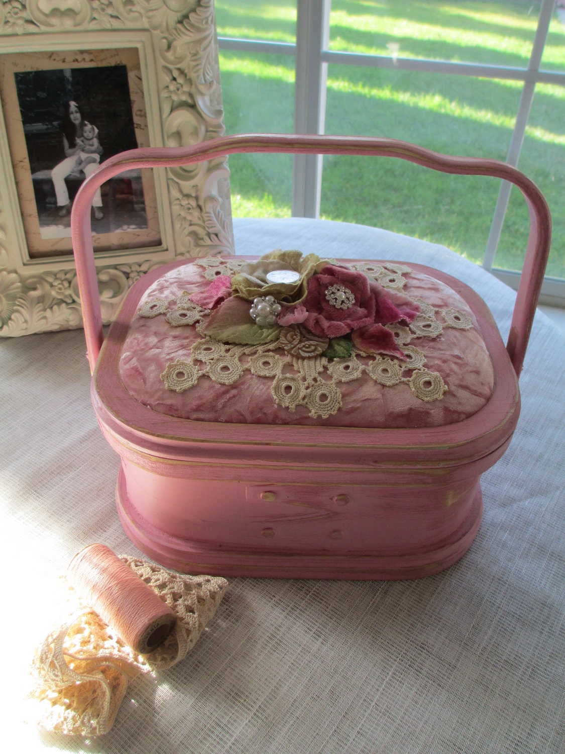 Pink Sewing Basket Craft Box Housewares Pink Velvet