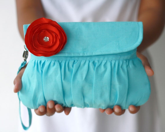 Turquoise Clutch with Red Flower