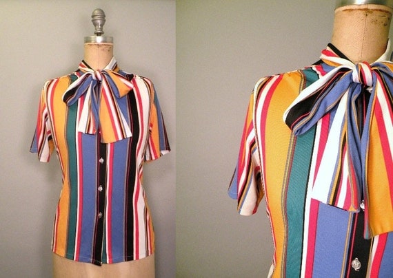Vintage 1970s Stripe Secretary Collar Shirt Blouse