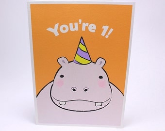 1st Birthday Card - Kids First Birthday Greeting Cards - Hippo