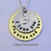 I love you to the moon and back pendant necklace of brass, stainless steel, and sterling silver on a sterling silver chain.