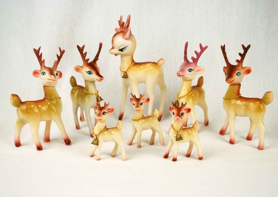 Set of 8 Vintage Reindeer Figurines// 1950s Plastic Christmas