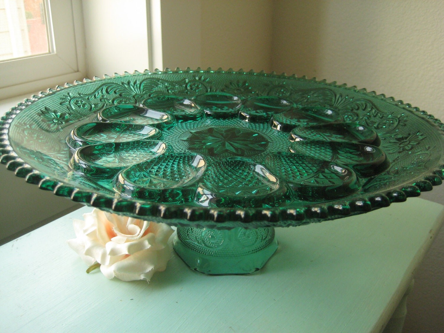 Tiara Green Glass Egg Stand/ Vintage Egg Stand / Depression