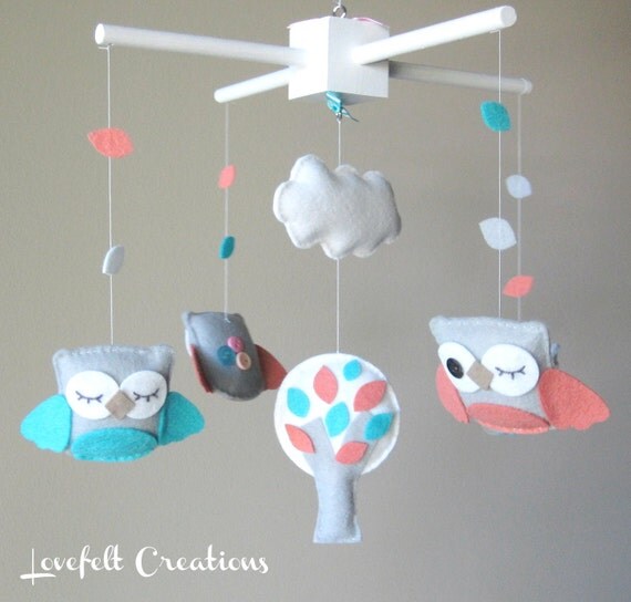 Baby Crib Mobile Baby Mobile Owl Mobile Turquoise Coral