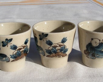Set of Three Vintage Saki Cups Grey Speck with Blue Butterfly