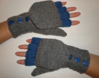 Hand-knitted grey color women convertible fingerless gloves/wrist warmers