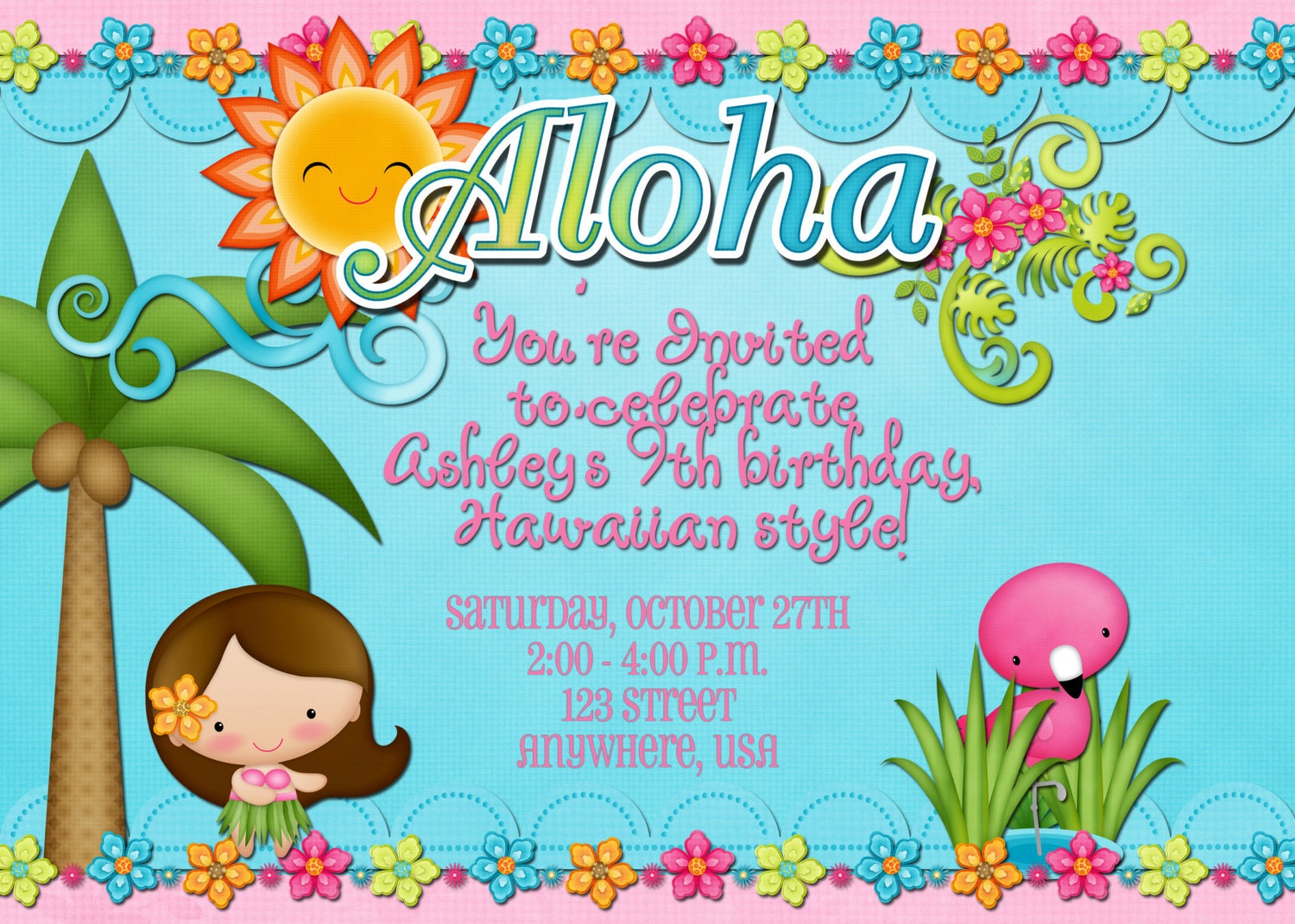 theme photo cards tropical christmas Party Invitation Hawaiian Luau Birthday