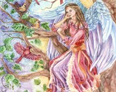 Angel Art in Victorian Burgundy Gown in Tree with Red Cardinals and Nest Angel Art Print,11x 14 art  print