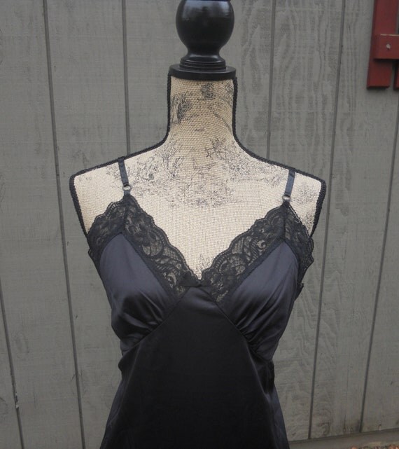 Vintage Black Lace Slip Full Length Adonna Retro Lingerie
