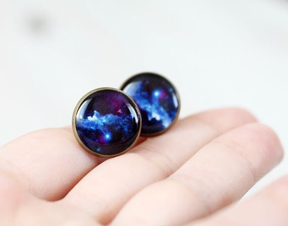Cosmic Galaxy earrings studs - Blue ear posts - Space jewelry - Galaxy, Universe
