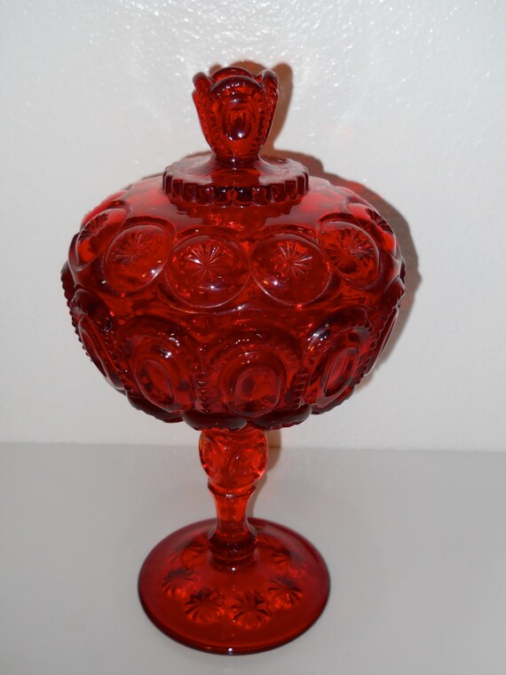 Ruby Red Glass Pedestal Candy Dish and Lid Moon and Stars