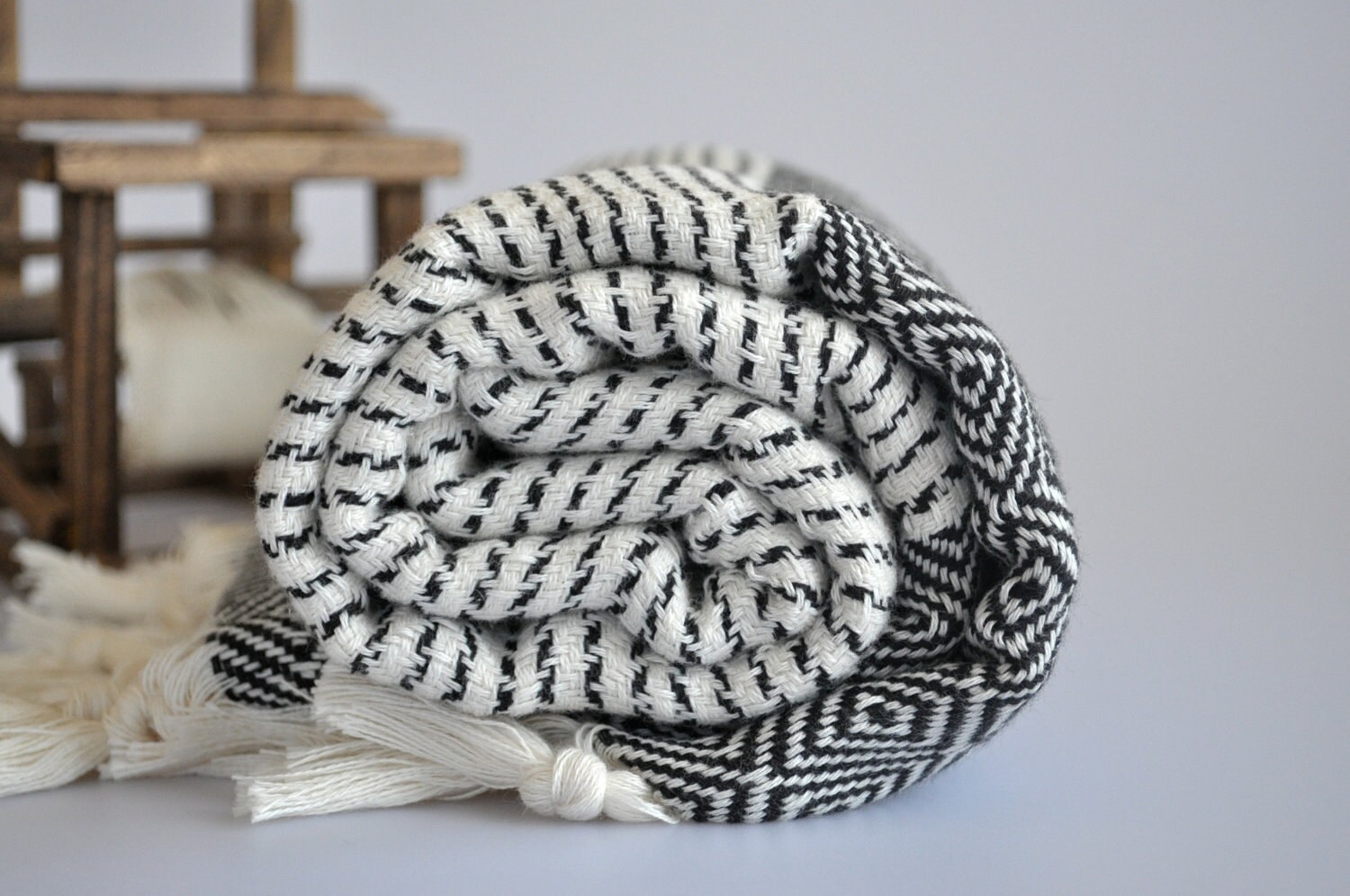 Chevron Pattern Turkish Towel Peshtemal towel in ivory black